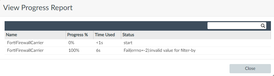 Error message reported by the FortiManager when the upgrade fails